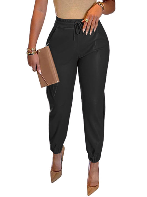 Women's Solid Color Faux Leather Drawstring Pants