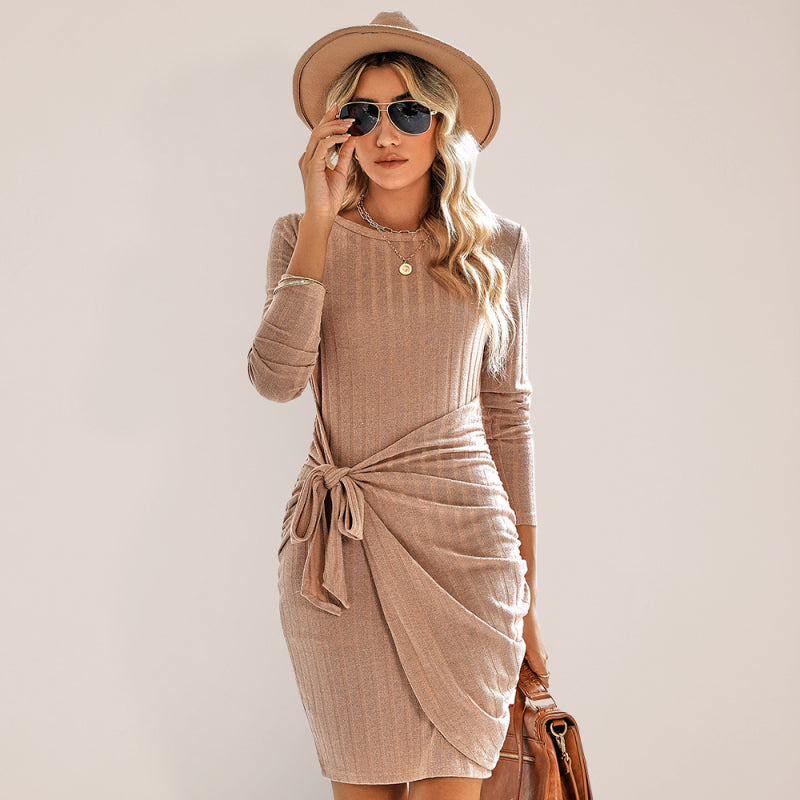 Women's Solid Color Tie Front Rib-knit Crew Neck Mini Dress