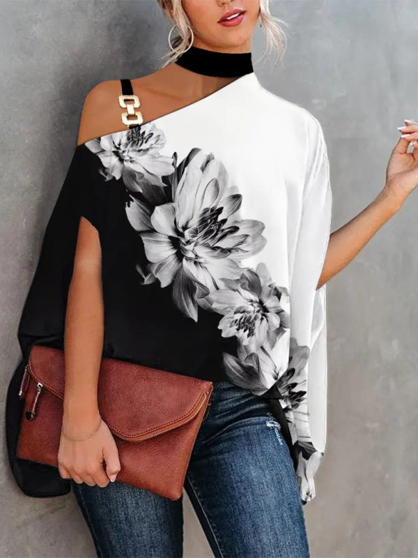 Halter Neck Dolman Sleeve Print Shirt Ladies Shirt Women's Clothing