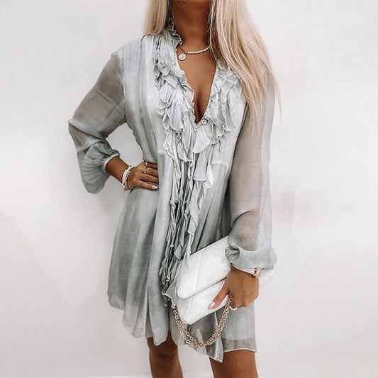 Women's solid color ruffled long sleeve dress