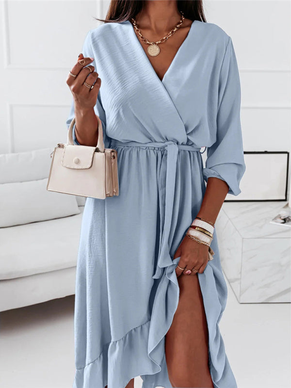 Women's Solid Ruffle Elegant Long Sleeve Dress