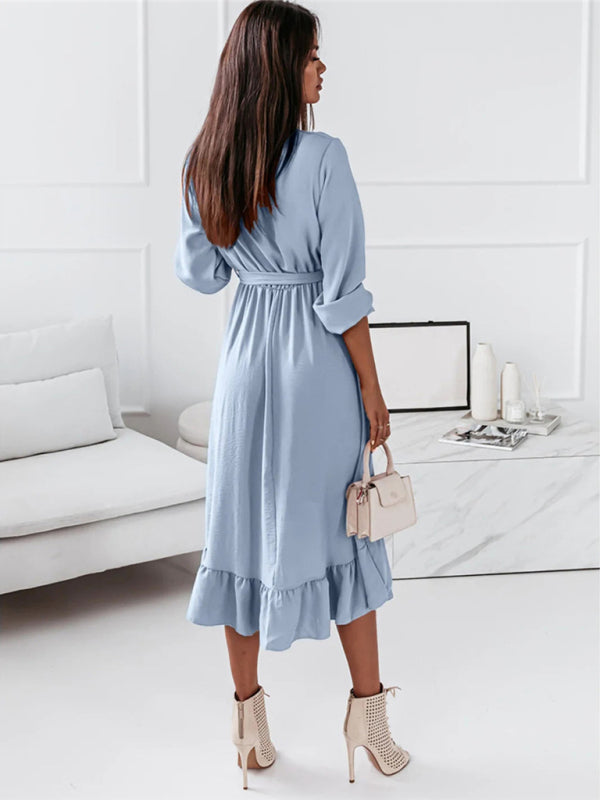 Women's Solid Ruffle Elegant Long Sleeve Dress