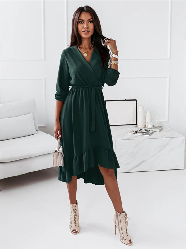 Women's Solid Ruffle Elegant Long Sleeve Dress