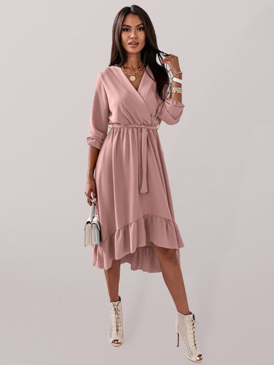 Women's Solid Ruffle Elegant Long Sleeve Dress