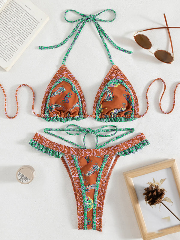 Women's Ethnic Print Halter Neck Tie Bikini Set