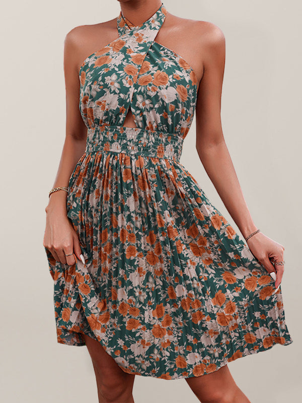 Women's Floral Print Twist-front Keyhole Halter Dress