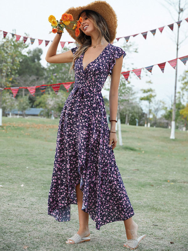 Women's Floral Print Flutter Sleeve Wrap Maxi Dress