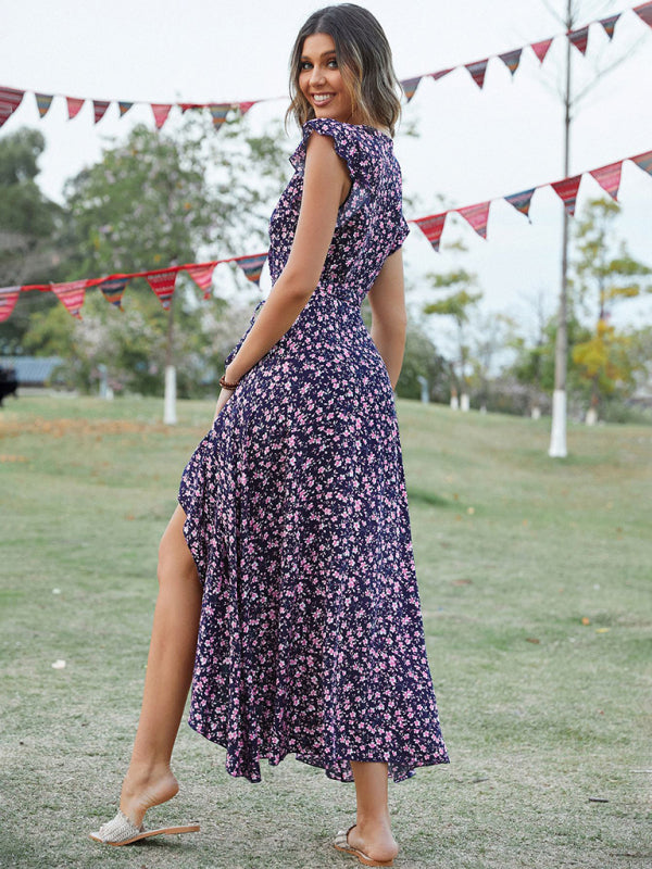 Women's Floral Print Flutter Sleeve Wrap Maxi Dress