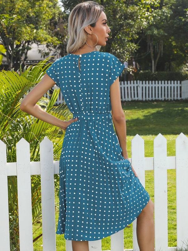 Women's Polka Dot Short Sleeve Pleated Midi Dress