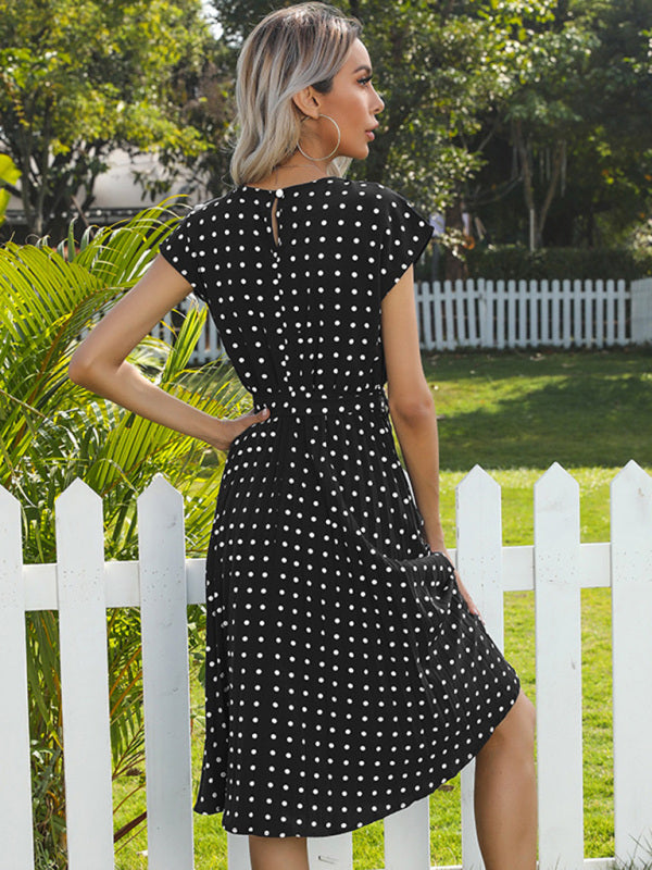 Women's Polka Dot Short Sleeve Pleated Midi Dress