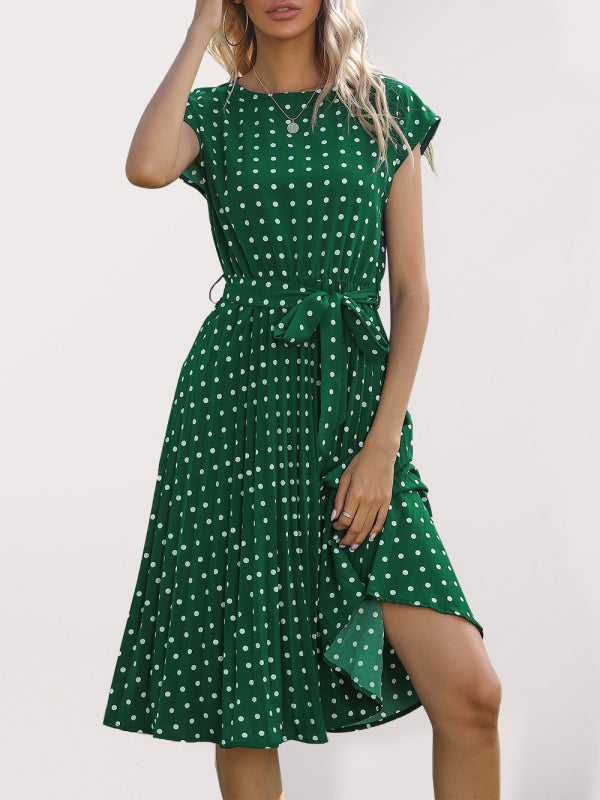 Women's Polka Dot Short Sleeve Pleated Midi Dress