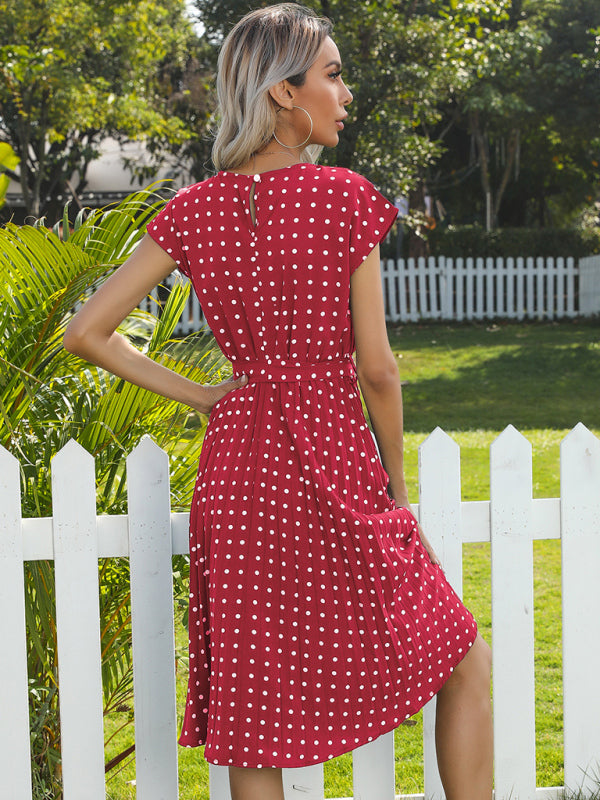 Women's Polka Dot Short Sleeve Pleated Midi Dress