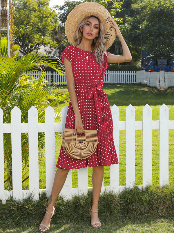 Women's Polka Dot Short Sleeve Pleated Midi Dress