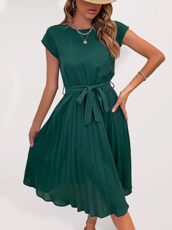 Women's Solid Color Short Sleeve Pleated Midi Dress