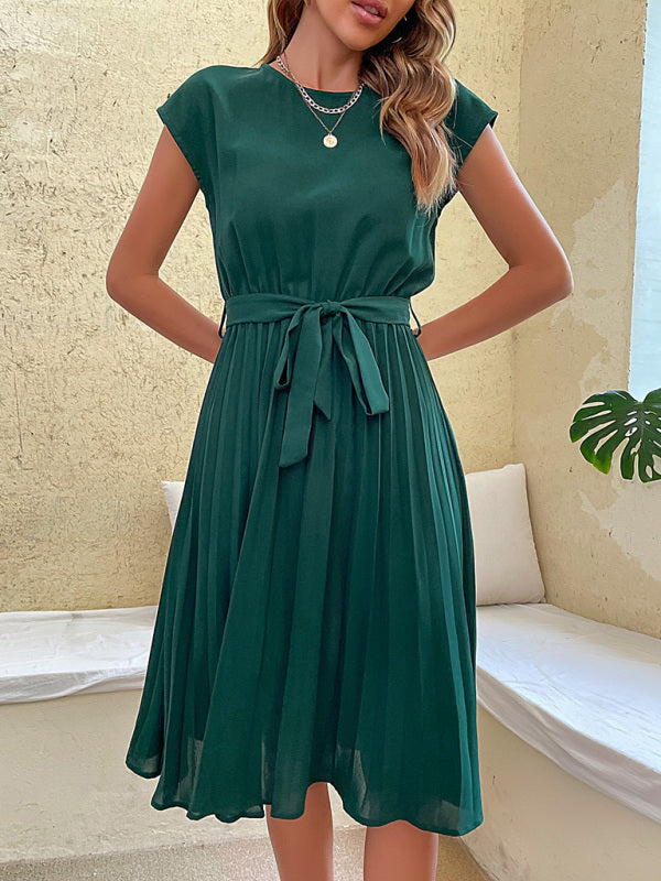 Women's Solid Color Short Sleeve Pleated Midi Dress