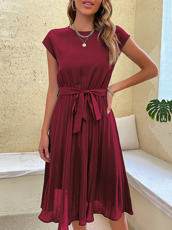 Women's Solid Color Short Sleeve Pleated Midi Dress