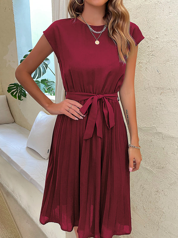 Women's Solid Color Short Sleeve Pleated Midi Dress