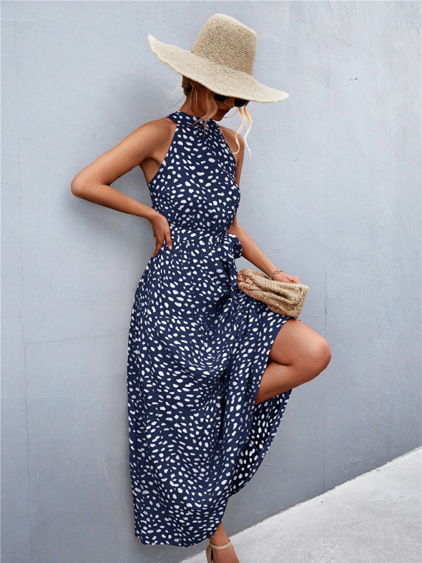 Women's Polka Dot Halter Neck Tiered Midi Dress