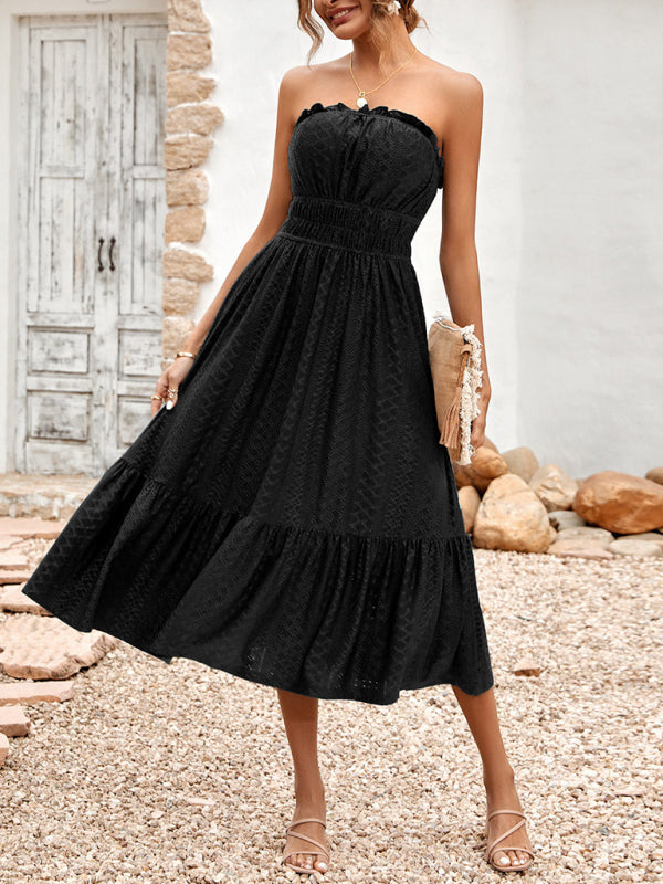 Women's Solid Color Strapless Taffeta Bubble-hem Lace Midi Dress