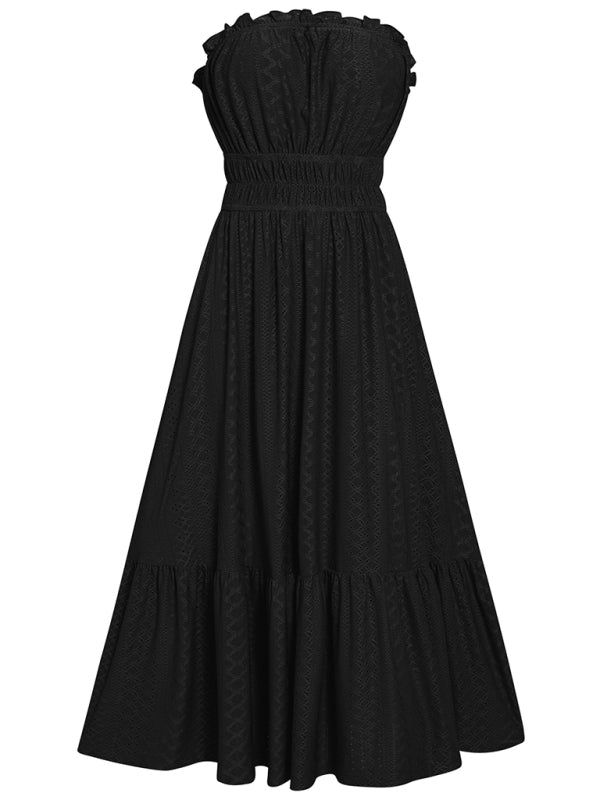 Women's Solid Color Strapless Taffeta Bubble-hem Lace Midi Dress