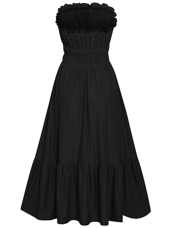 Women's Solid Color Strapless Taffeta Bubble-hem Lace Midi Dress