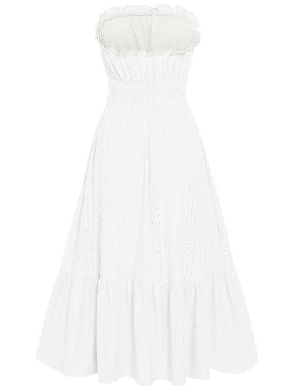 Women's Solid Color Strapless Taffeta Bubble-hem Lace Midi Dress