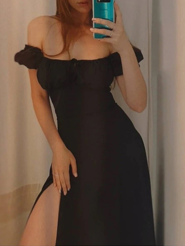 Women's Solid Color  Puff-sleeve Tie Neck Front Off-the-shoulder Satin Maxi Dress