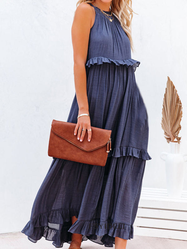 Women's Solid Color Halter Neck Ruffle Tiered Maxi Dress