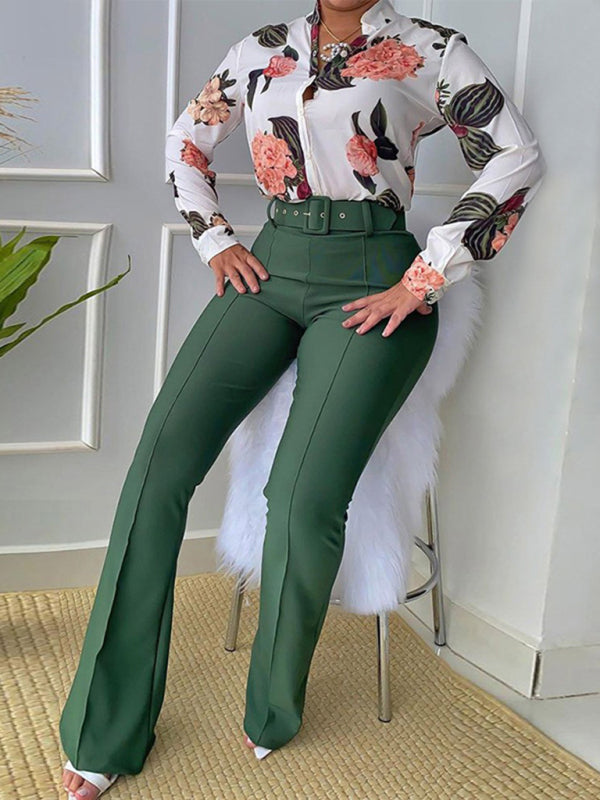 Women's Floral Print Button-front Long-sleeve Shirt With Belted Pants Set