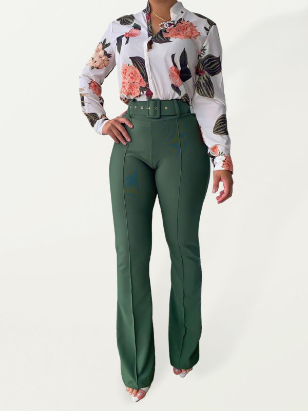 Women's Floral Print Button-front Long-sleeve Shirt With Belted Pants Set