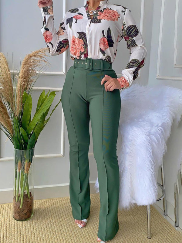 Women's Floral Print Button-front Long-sleeve Shirt With Belted Pants Set