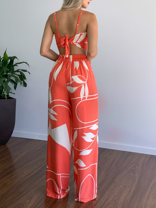 Linen-like casual suit V-neck high-waist printed wide-leg pants two-piece set