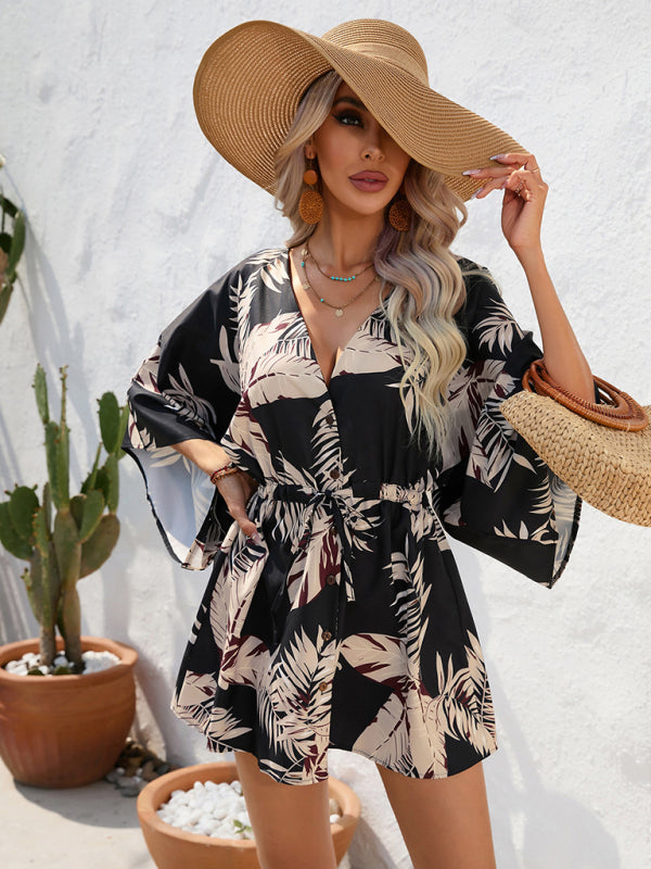 Women's Beach Cover up Half Sleeve V-neck Floral Print Adjustable Dress