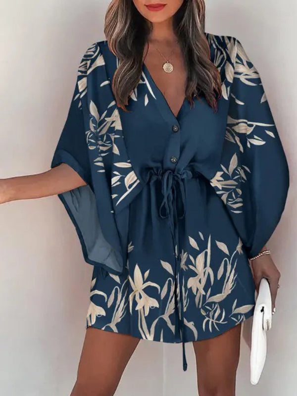 Women's Beach Cover up Half Sleeve V-neck Floral Print Adjustable Dress