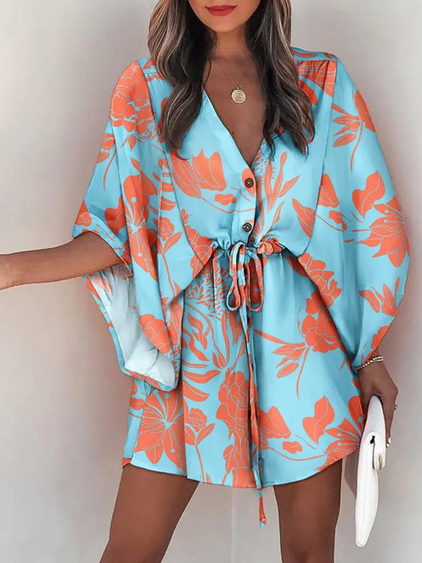 Women's Beach Cover up Half Sleeve V-neck Floral Print Adjustable Dress