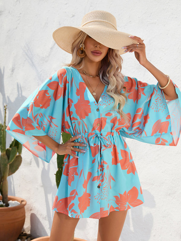 Women's Beach Cover up Half Sleeve V-neck Floral Print Adjustable Dress