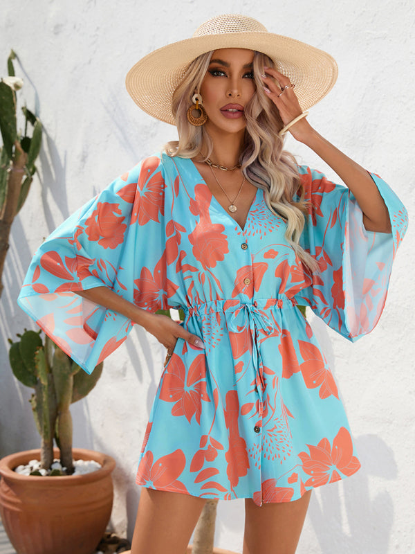 Women's Beach Cover up Half Sleeve V-neck Floral Print Adjustable Dress