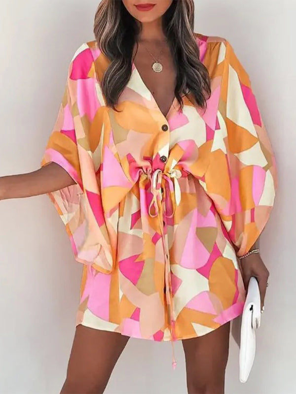 Women's Beach Cover up Half Sleeve V-neck Floral Print Adjustable Dress