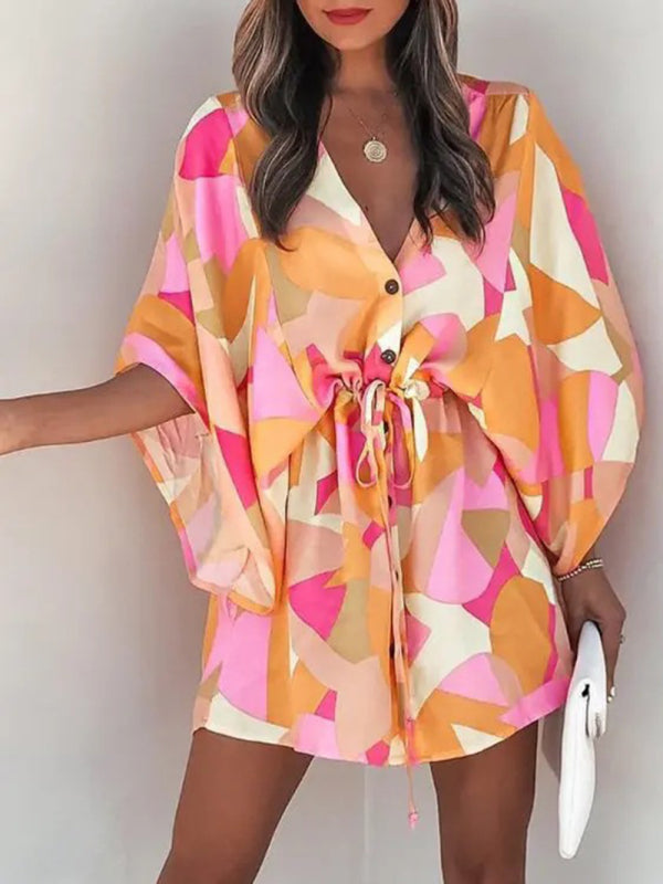 Women's Beach Cover up Half Sleeve V-neck Floral Print Adjustable Dress