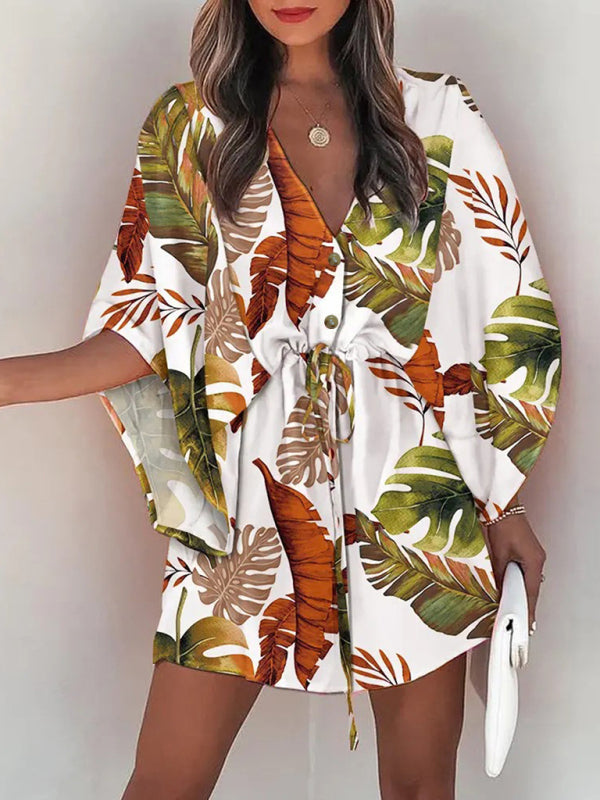 Women's Beach Cover up Half Sleeve V-neck Floral Print Adjustable Dress