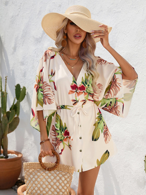 Women's Beach Cover up Half Sleeve V-neck Floral Print Adjustable Dress