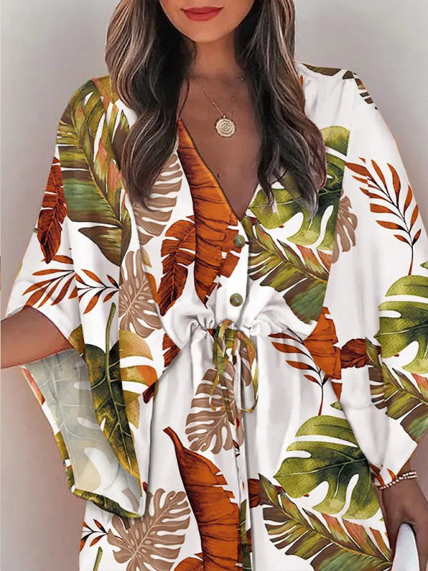 Women's Beach Cover up Half Sleeve V-neck Floral Print Adjustable Dress