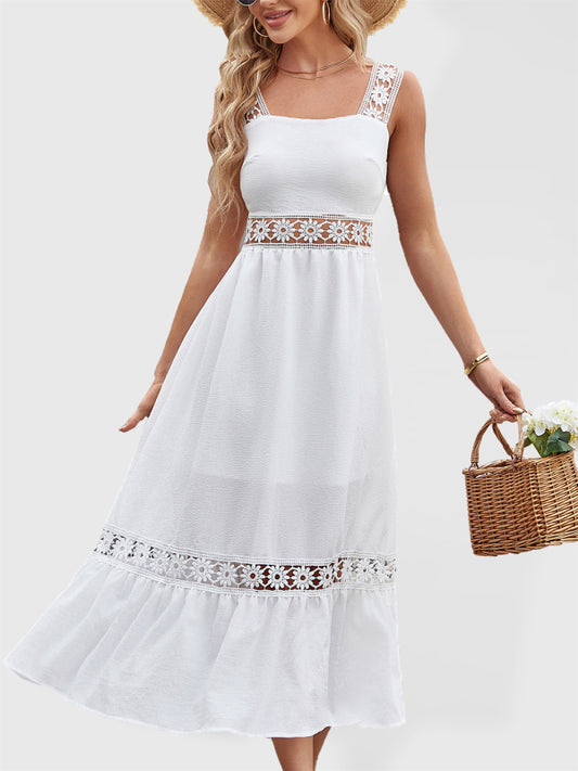 New style solid color hollow lace stitching square collar sleeveless suspender dress