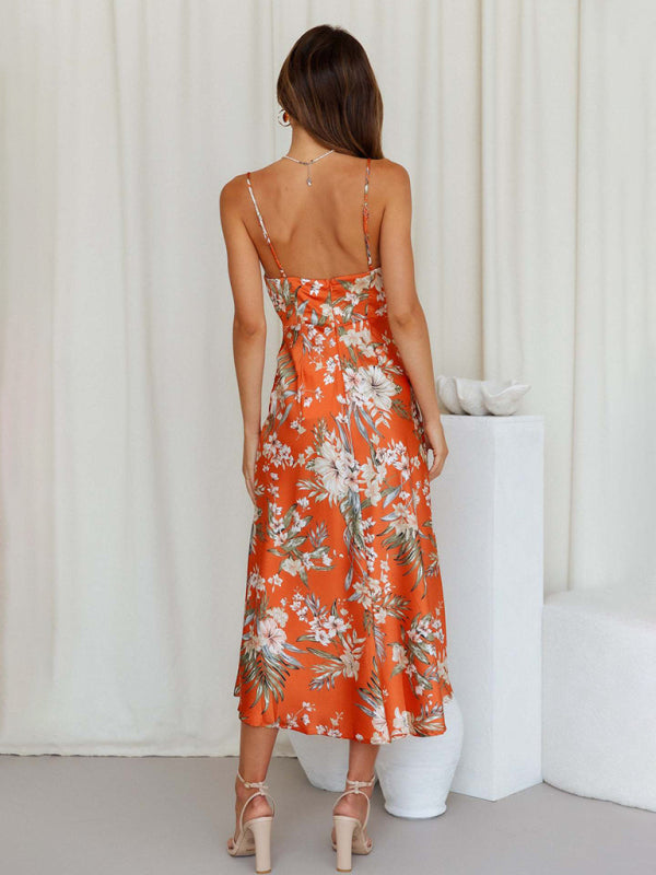 Women's Satin Sling Sexy Floral Midi Dress
