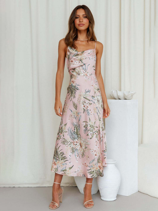 Women's Satin Sling Sexy Floral Midi Dress